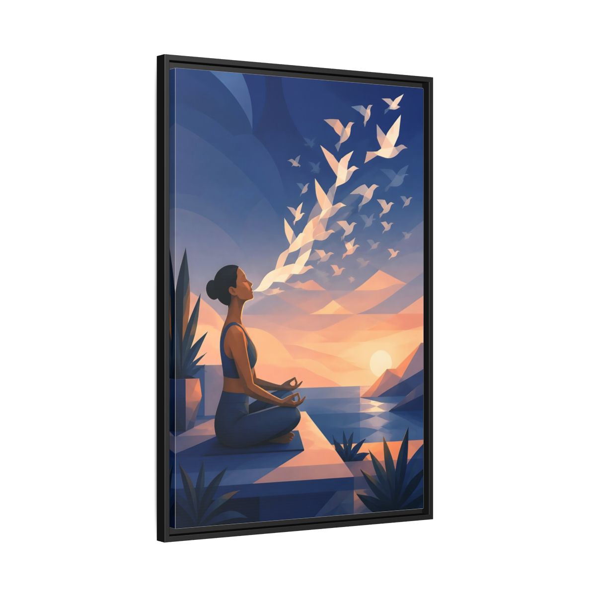 Side Mockup 13. Sunset Yoga With Birds shown as framed canvas print