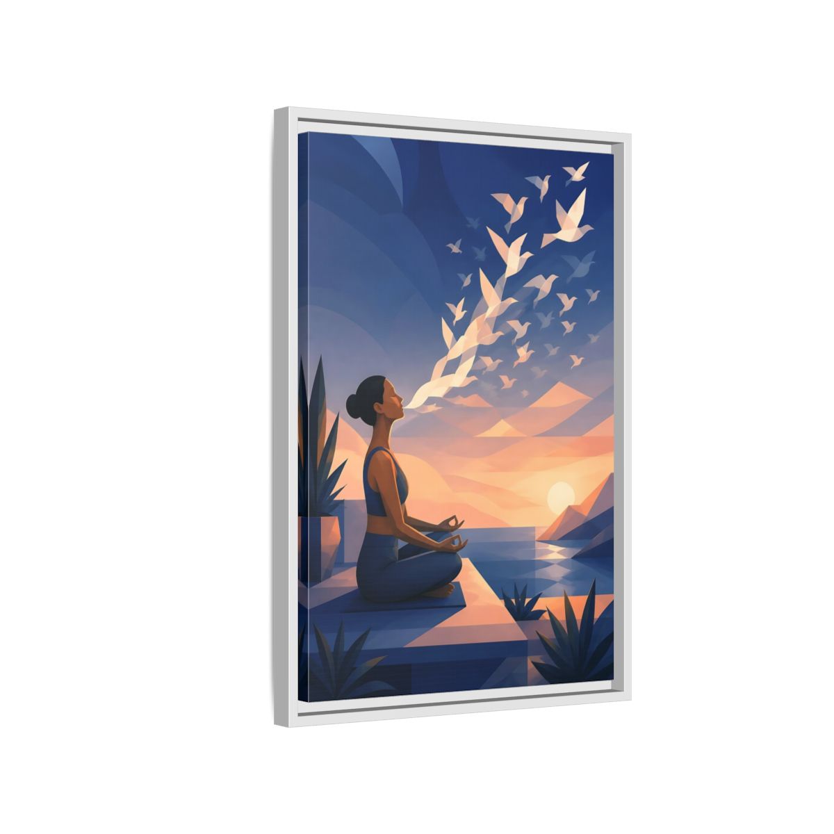 Side Mockup 1. Sunset Yoga With Birds shown as framed canvas print