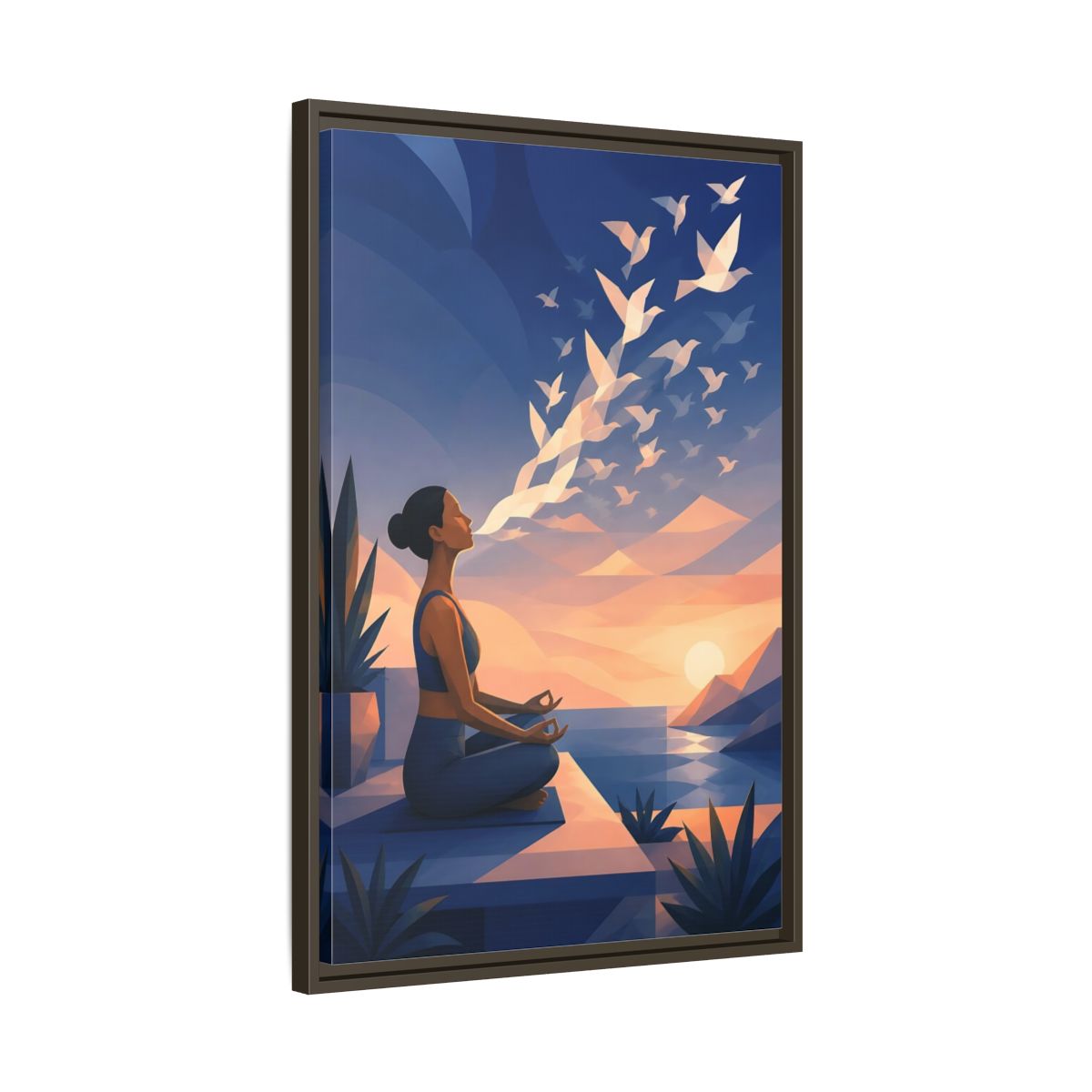 Side Mockup 11. Sunset Yoga With Birds shown as framed canvas print