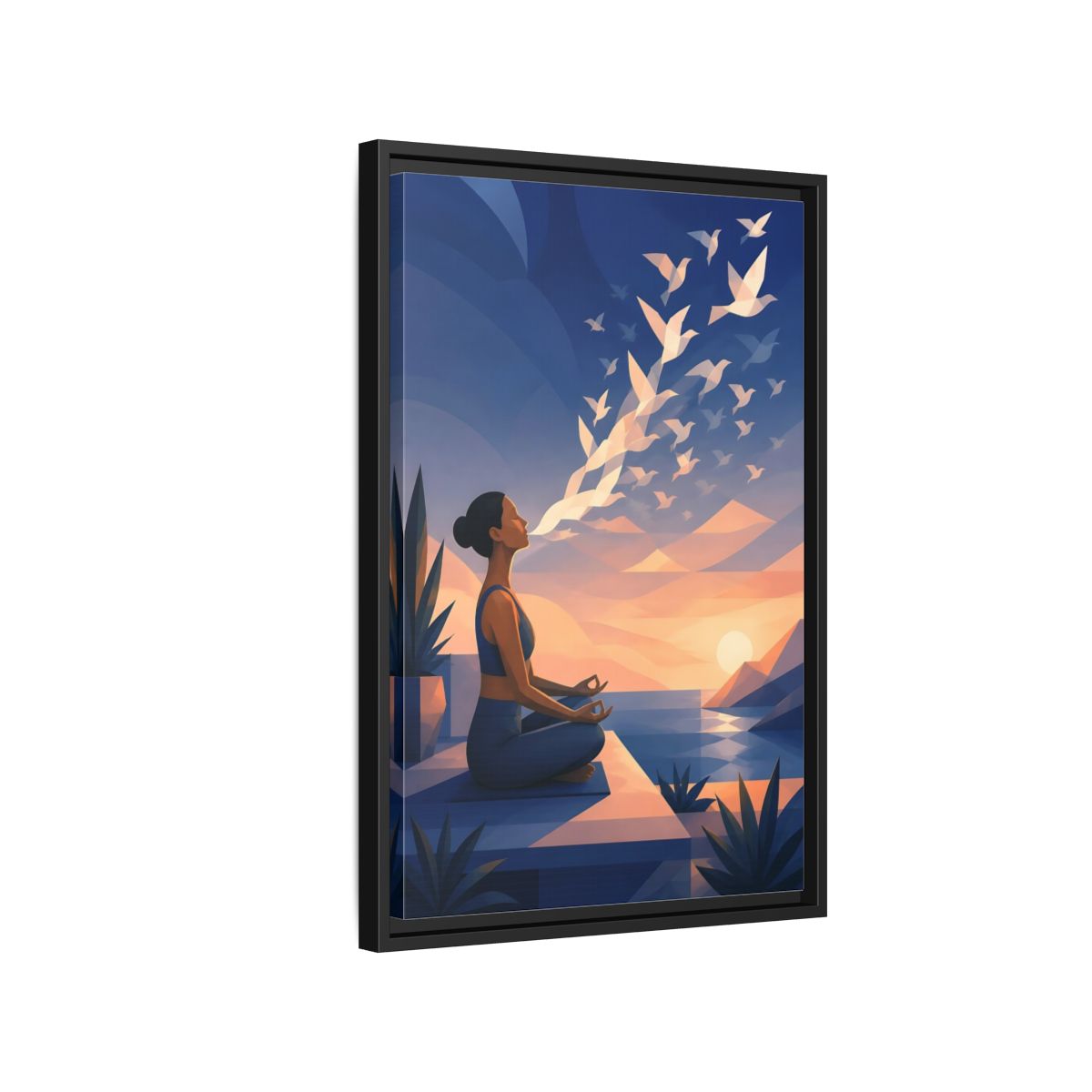 Side Mockup 3. Sunset Yoga With Birds shown as framed canvas print