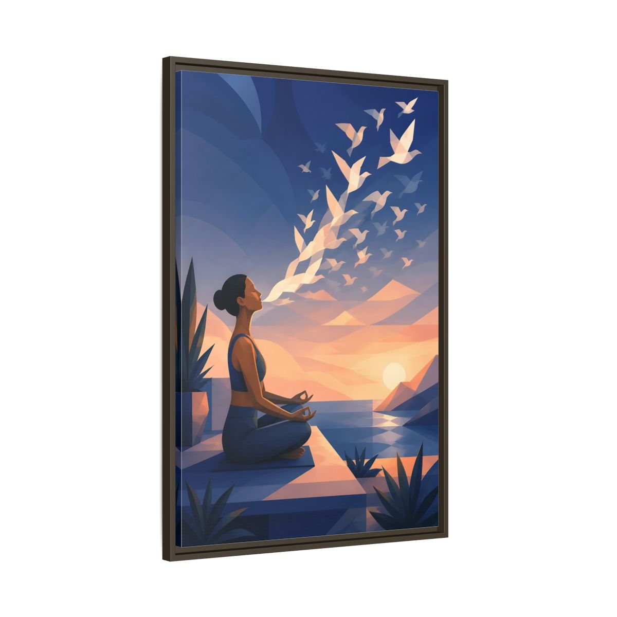 Main Mockup. Sunset Yoga With Birds shown as framed canvas print