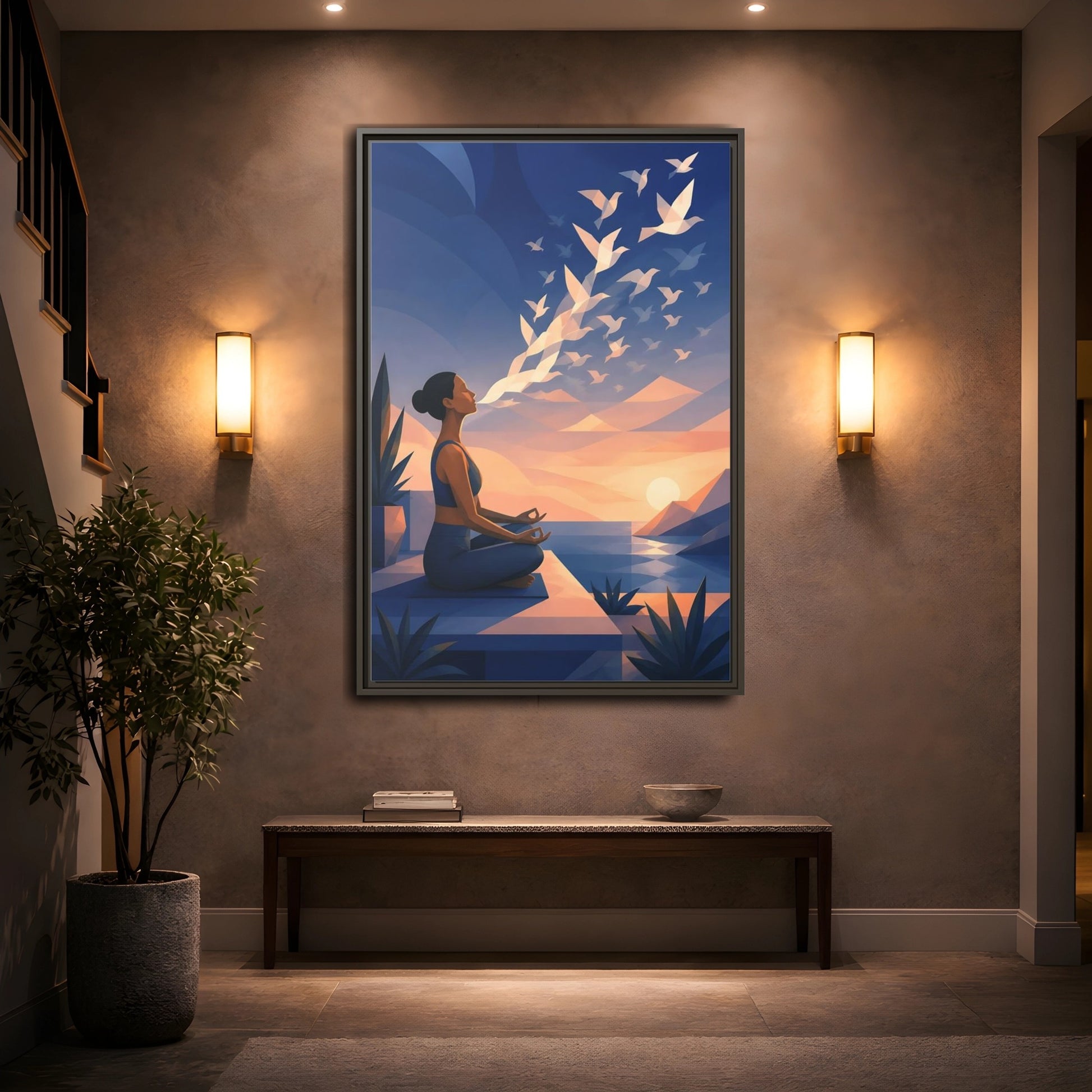 Mockup 2. Sunset Yoga With Birds shown as framed canvas print