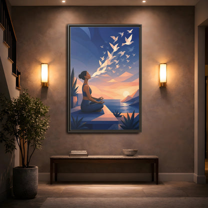 Mockup 2. Sunset Yoga With Birds shown as framed canvas print