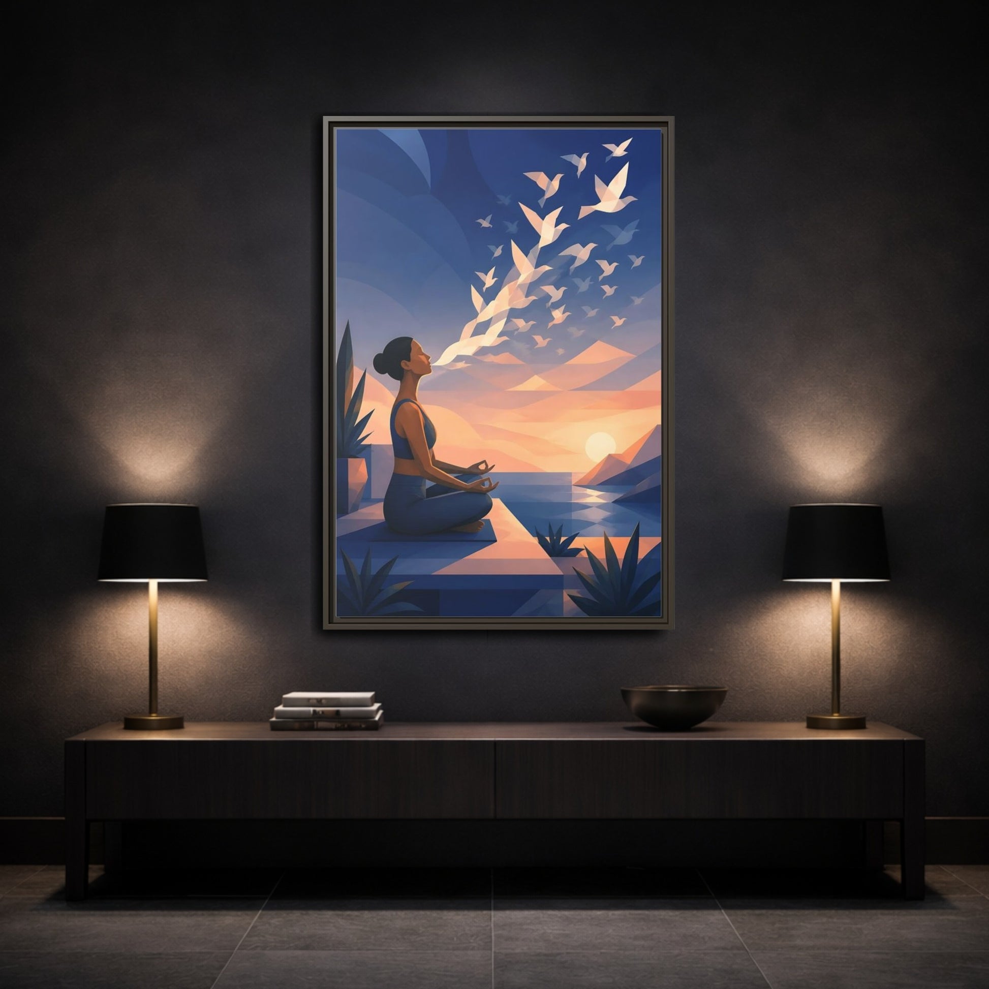 Mockup 3. Sunset Yoga With Birds shown as framed canvas print