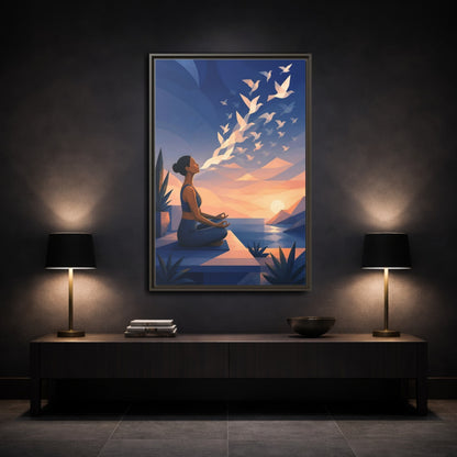 Mockup 3. Sunset Yoga With Birds shown as framed canvas print
