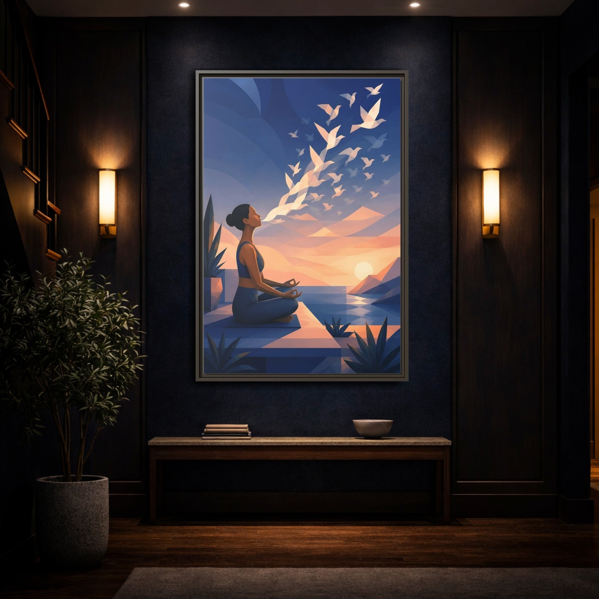 Mockup 4. Sunset Yoga With Birds shown as framed canvas print