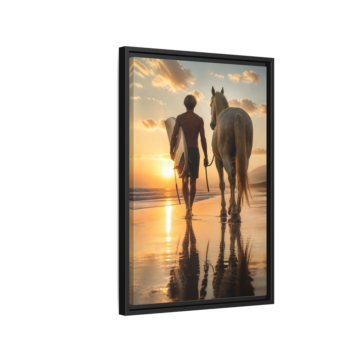 Side Mockup 3. Surfer And Horse At Sunset shown as framed canvas print