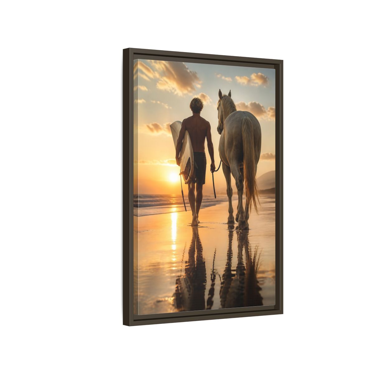 Side Mockup 2. Surfer And Horse At Sunset shown as framed canvas print