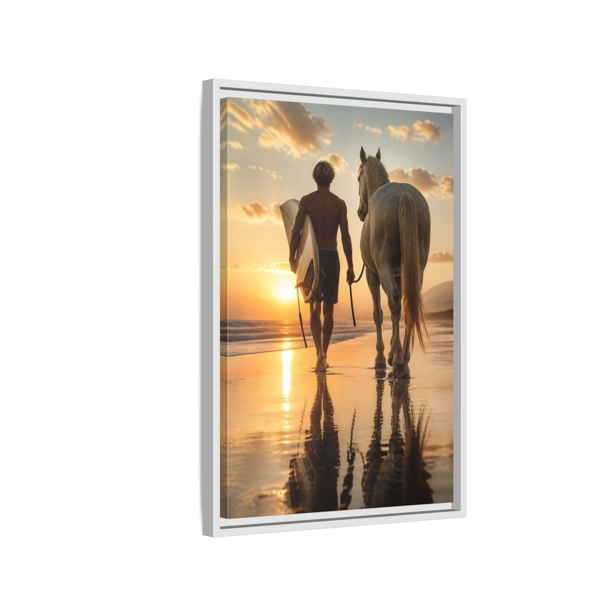 Side Mockup 1. Surfer And Horse At Sunset shown as framed canvas print