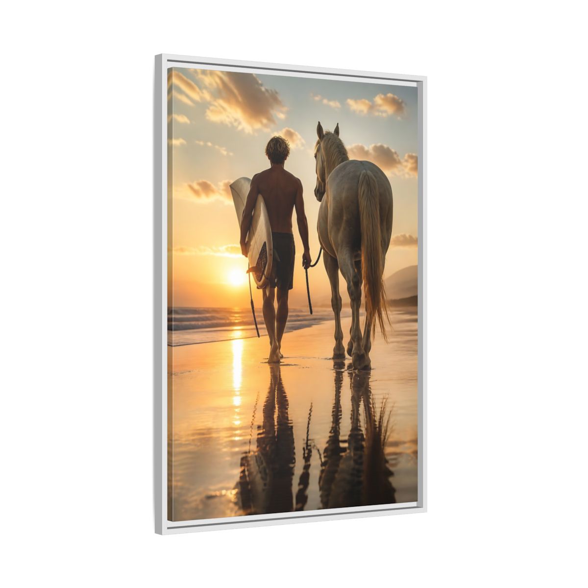 Side Mockup 9. Surfer And Horse At Sunset shown as framed canvas print