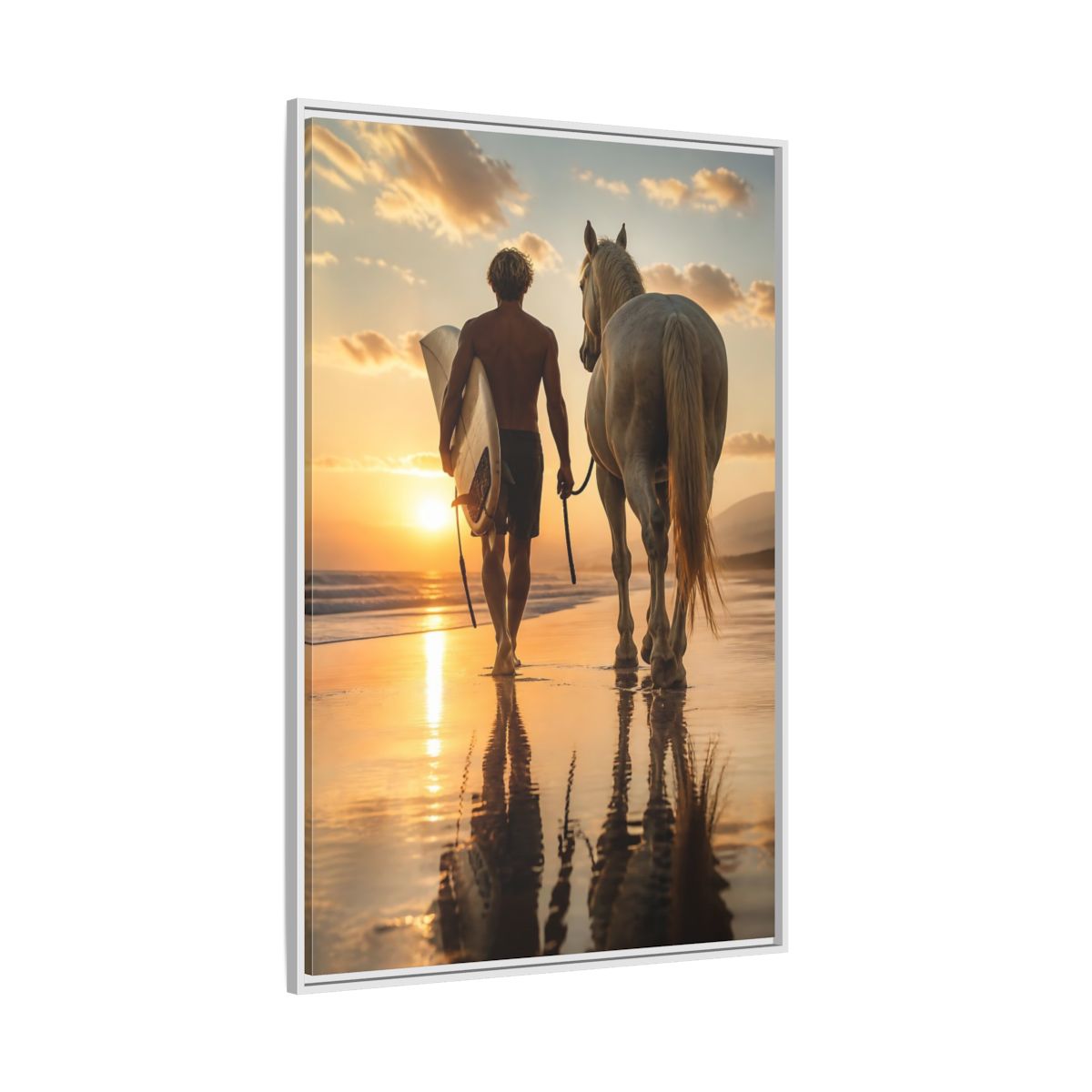 Side Mockup 7. Surfer And Horse At Sunset shown as framed canvas print