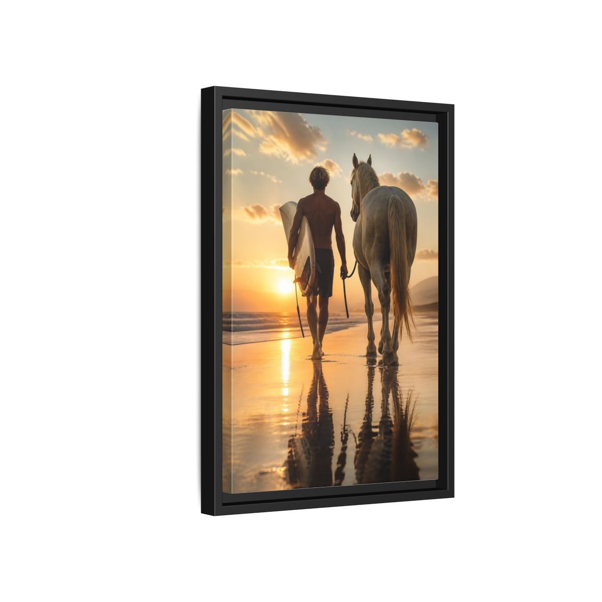 Side Mockup 6. Surfer And Horse At Sunset shown as framed canvas print