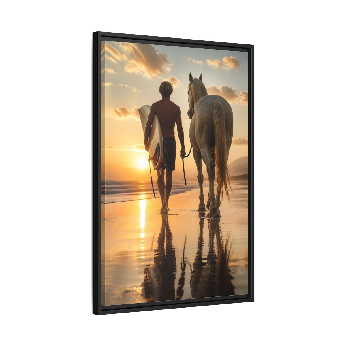Side Mockup 14. Surfer And Horse At Sunset shown as framed canvas print
