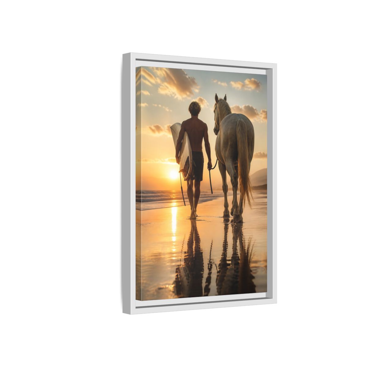 Side Mockup 4. Surfer And Horse At Sunset shown as framed canvas print