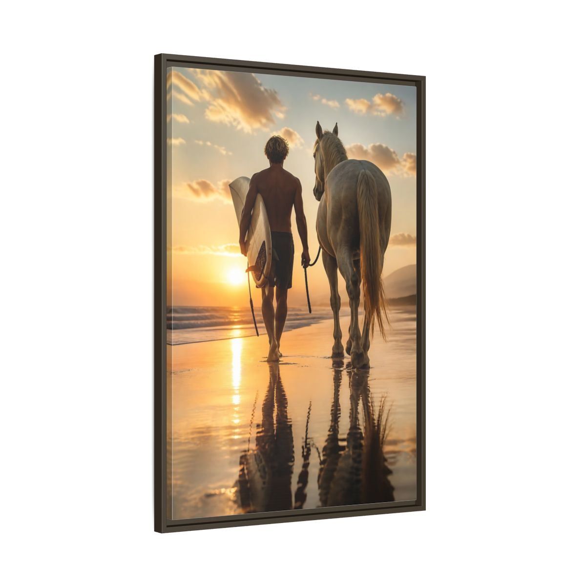 Main Mockup. Surfer And Horse At Sunset shown as framed canvas print