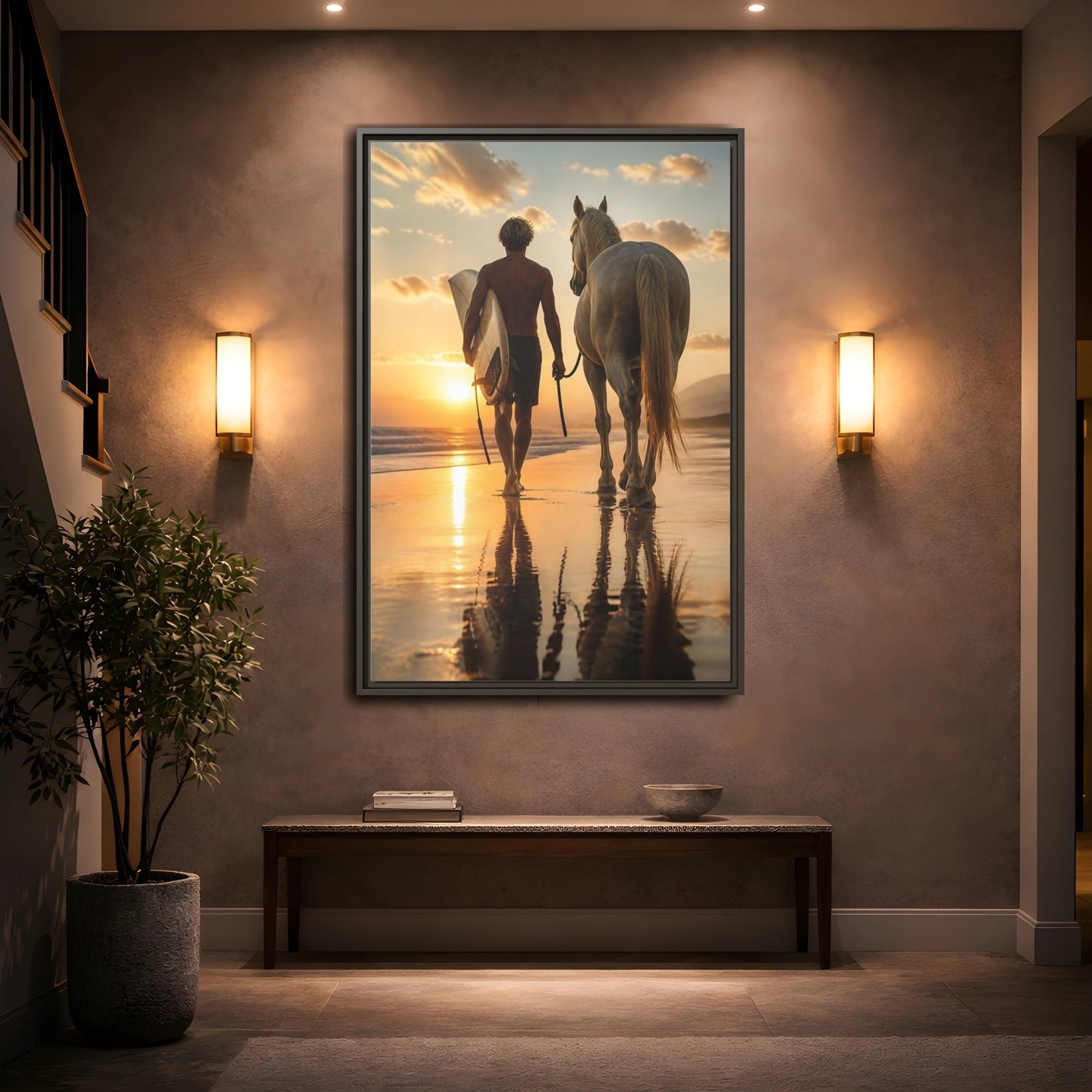 Mockup 2. Surfer And Horse At Sunset shown as framed canvas print
