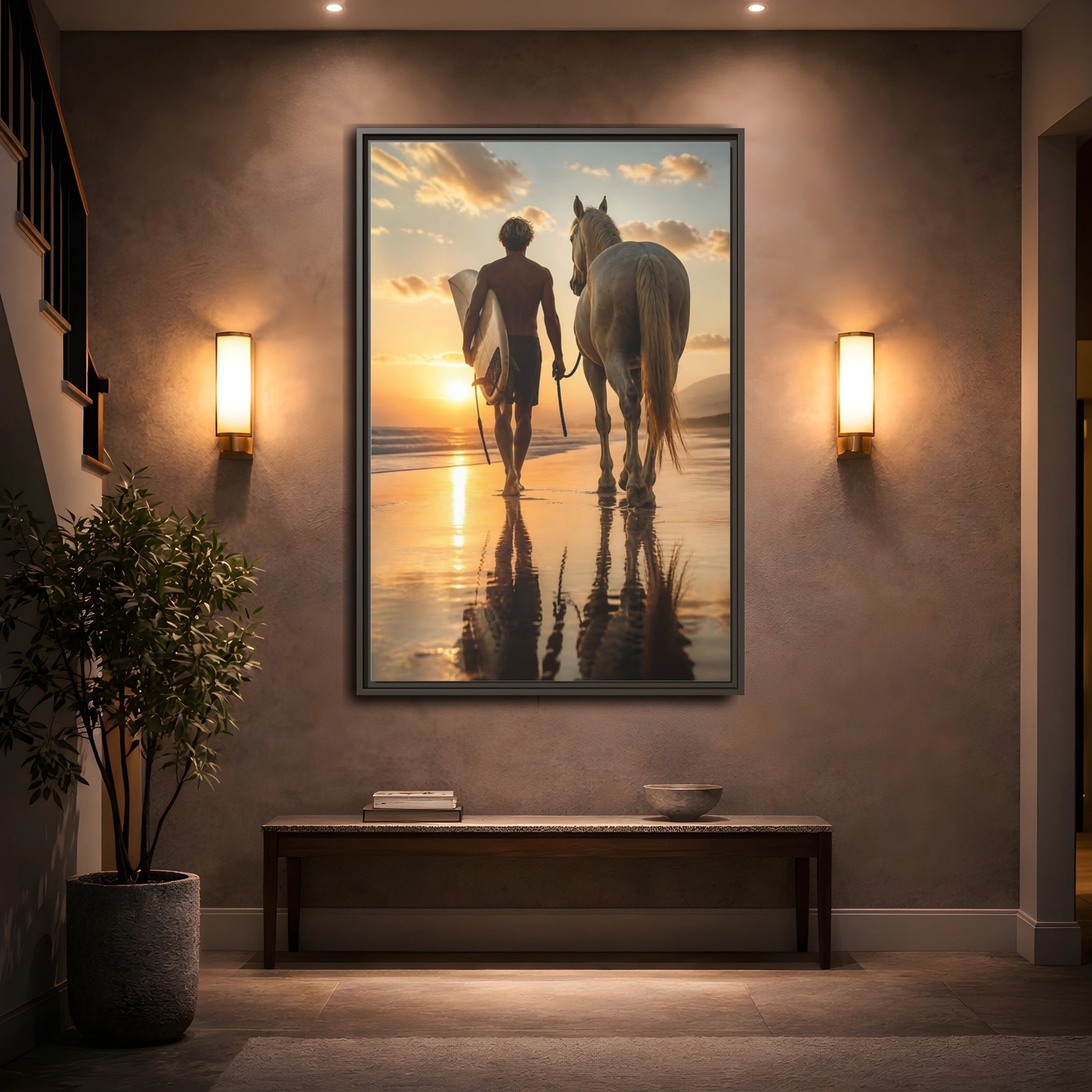 Mockup 2. Surfer And Horse At Sunset shown as framed canvas print