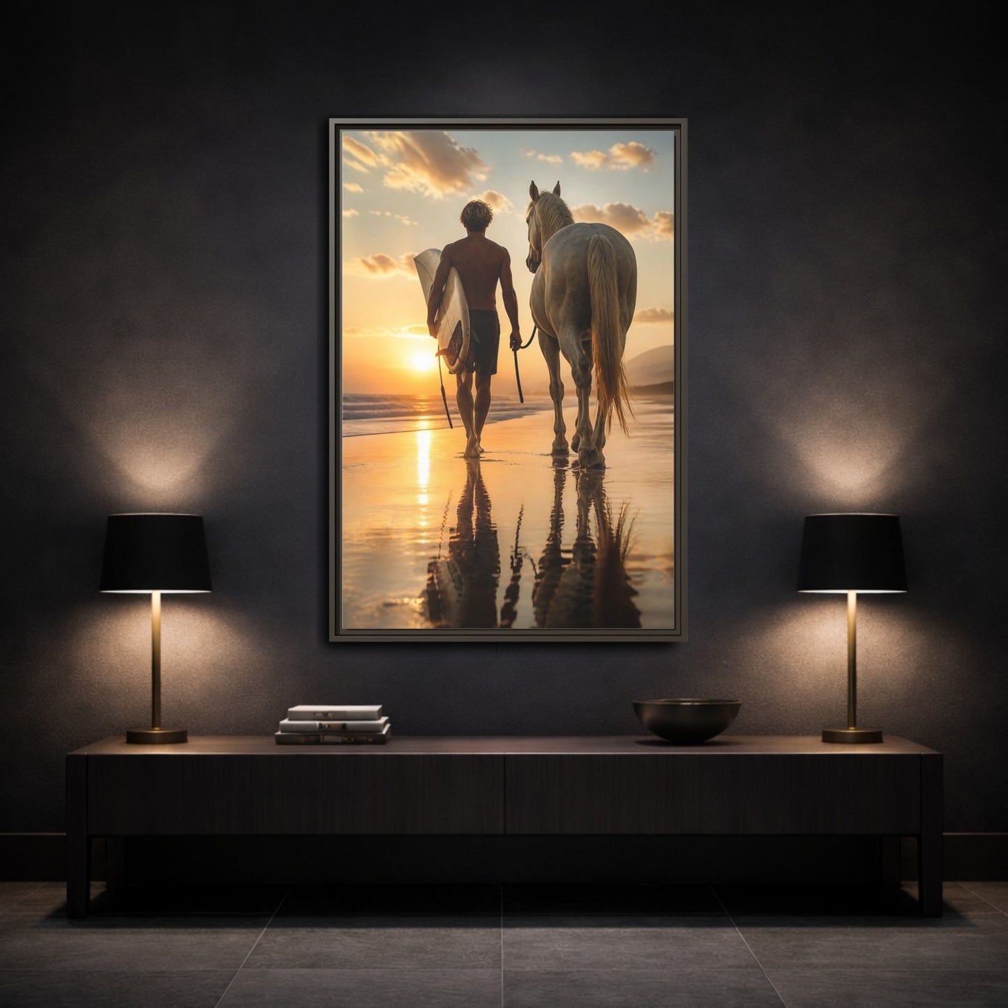 Mockup 3. Surfer And Horse At Sunset shown as framed canvas print
