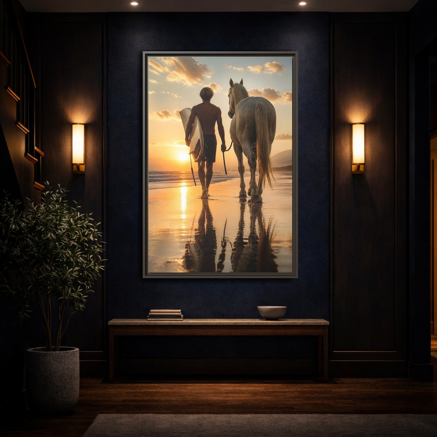 Mockup 4. Surfer And Horse At Sunset shown as framed canvas print