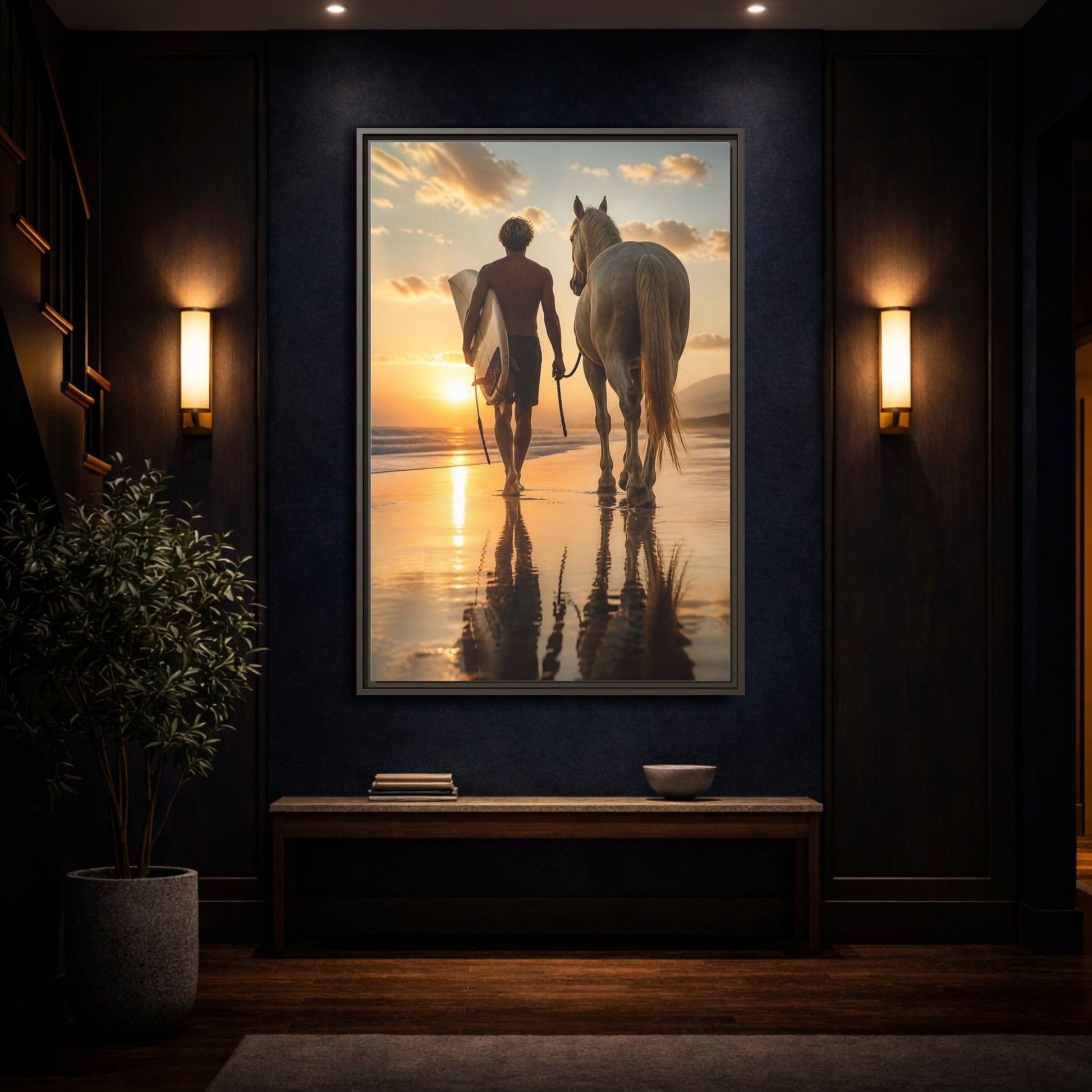 Mockup 4. Surfer And Horse At Sunset shown as framed canvas print