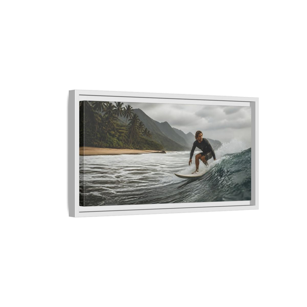 Side Mockup 6. Surfer On Coastal Wave shown as framed canvas print