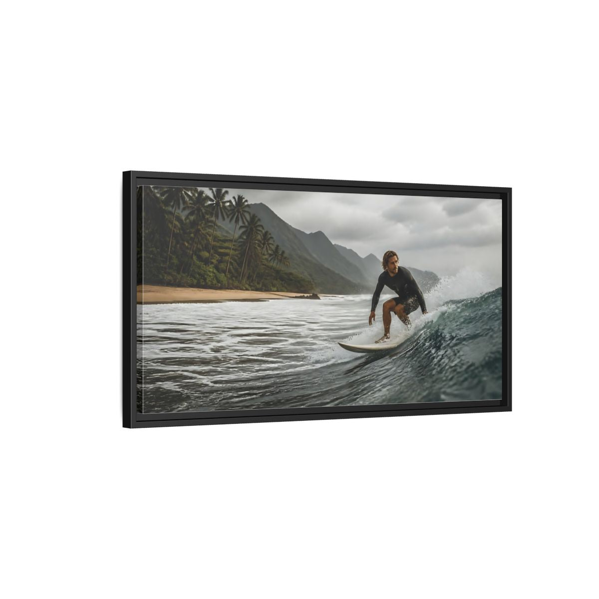 Side Mockup 2. Surfer On Coastal Wave shown as framed canvas print