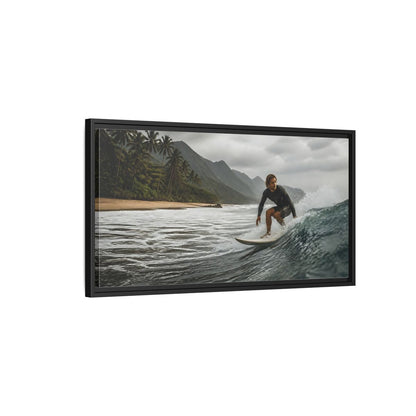Side Mockup 2. Surfer On Coastal Wave shown as framed canvas print
