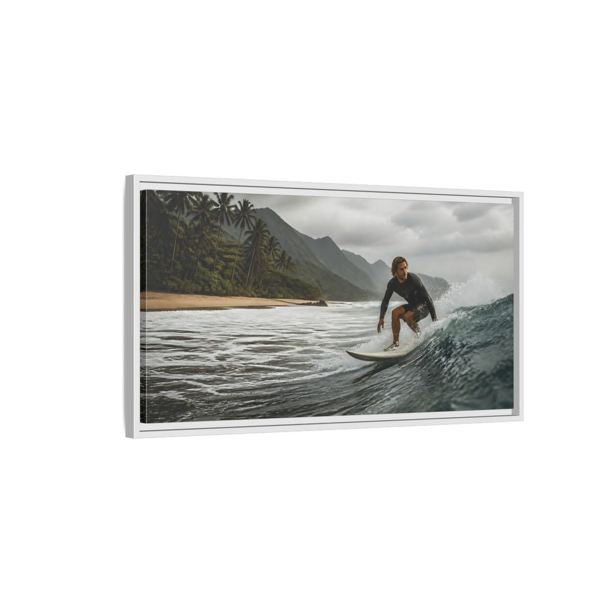 Side Mockup 1. Surfer On Coastal Wave shown as framed canvas print