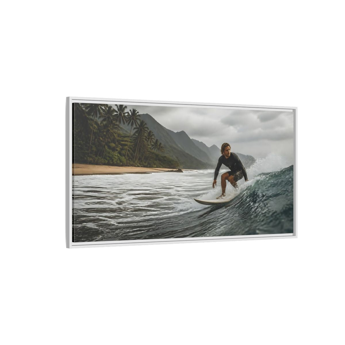 Side Mockup 3. Surfer On Coastal Wave shown as framed canvas print