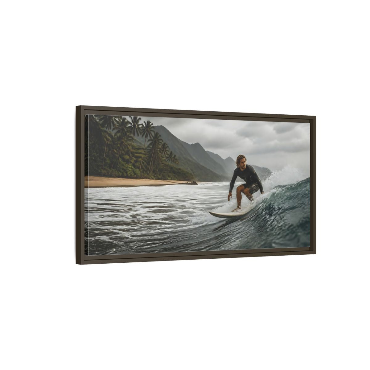 Main Mockup. Surfer On Coastal Wave shown as framed canvas print