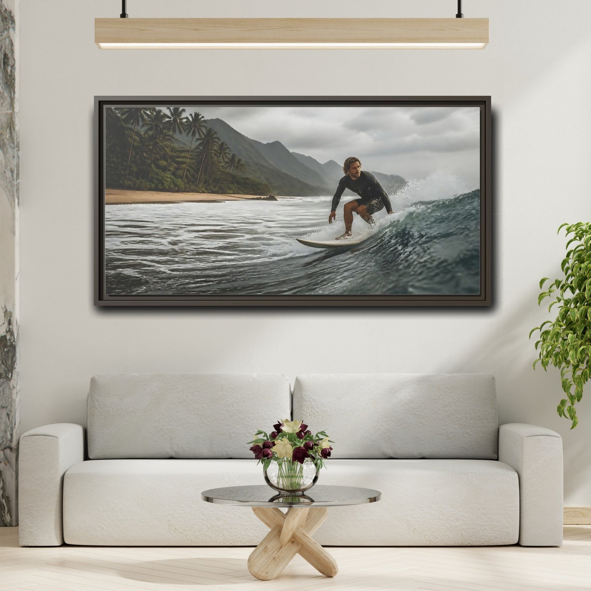 Mockup 2. Surfer On Coastal Wave shown as framed canvas print