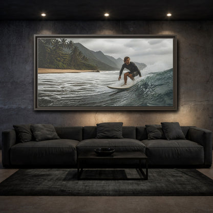 Mockup 3. Surfer On Coastal Wave shown as framed canvas print