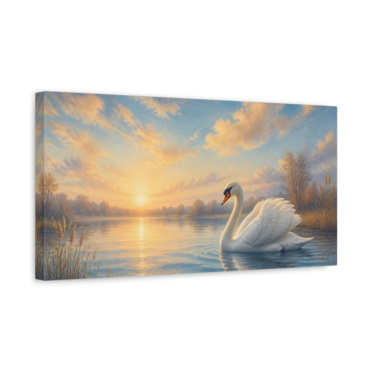 Side Mockup 3. Swan At Golden Sunrise shown as canvas print