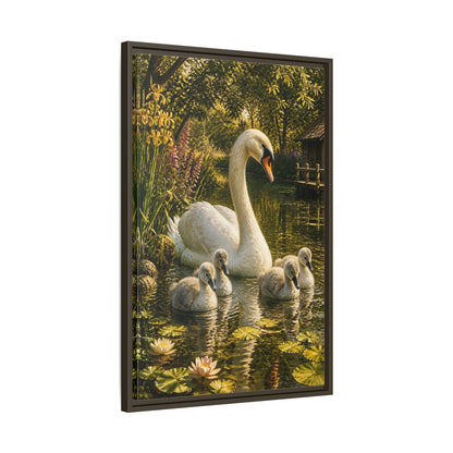 Side Mockup 11. Swan Family Animals shown as framed canvas print