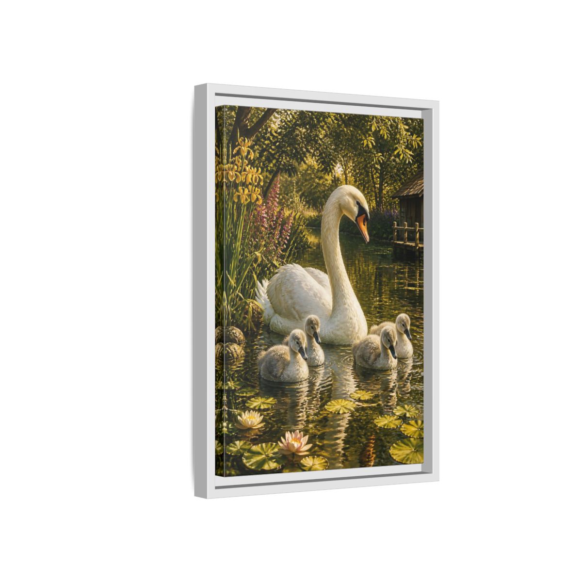 Side Mockup 4. Swan Family Animals shown as framed canvas print