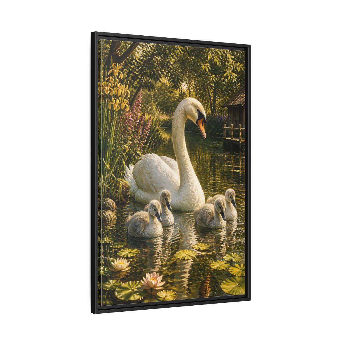 Side Mockup 13. Swan Family Animals shown as framed canvas print