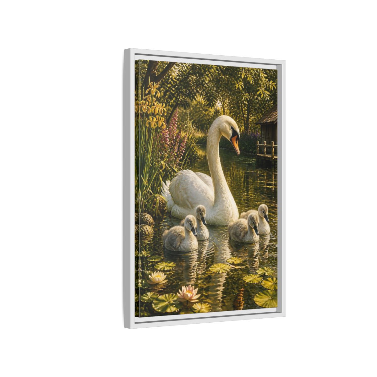 Side Mockup 1. Swan Family Animals shown as framed canvas print