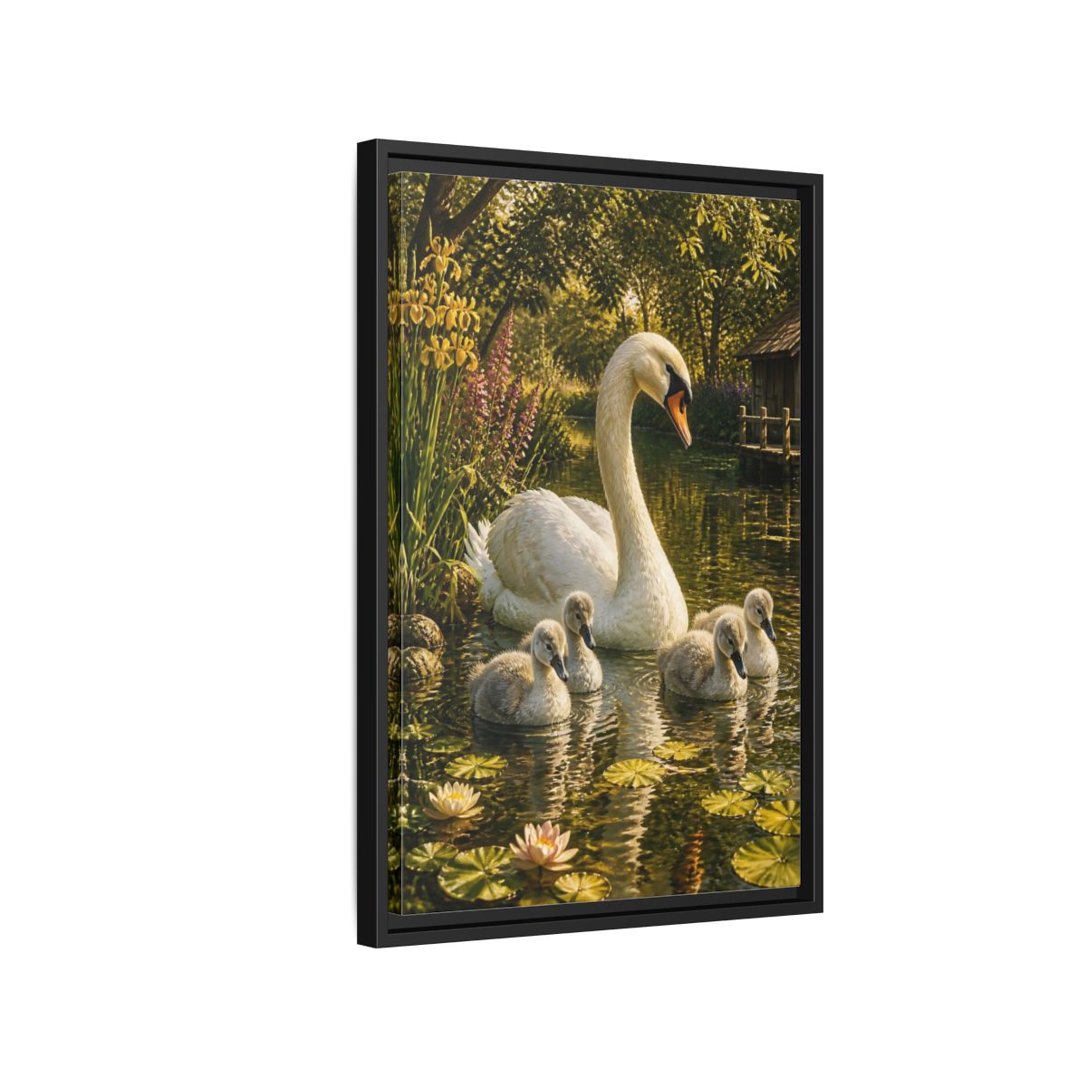Side Mockup 3. Swan Family Animals shown as framed canvas print