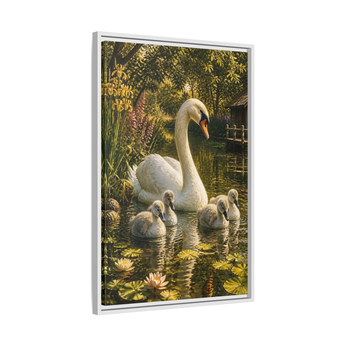 Side Mockup 10. Swan Family Animals shown as framed canvas print