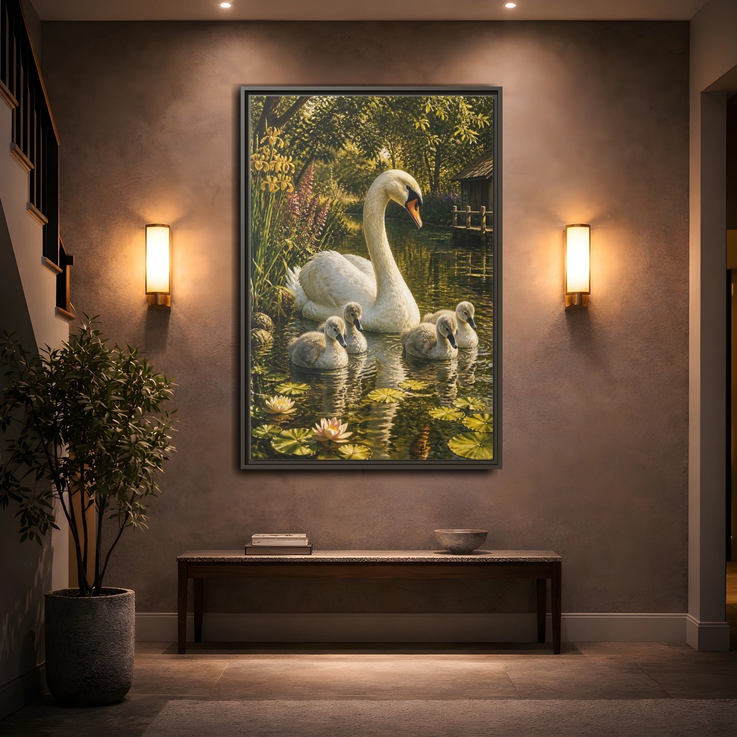 Mockup 2. Swan Family Animals shown as framed canvas print