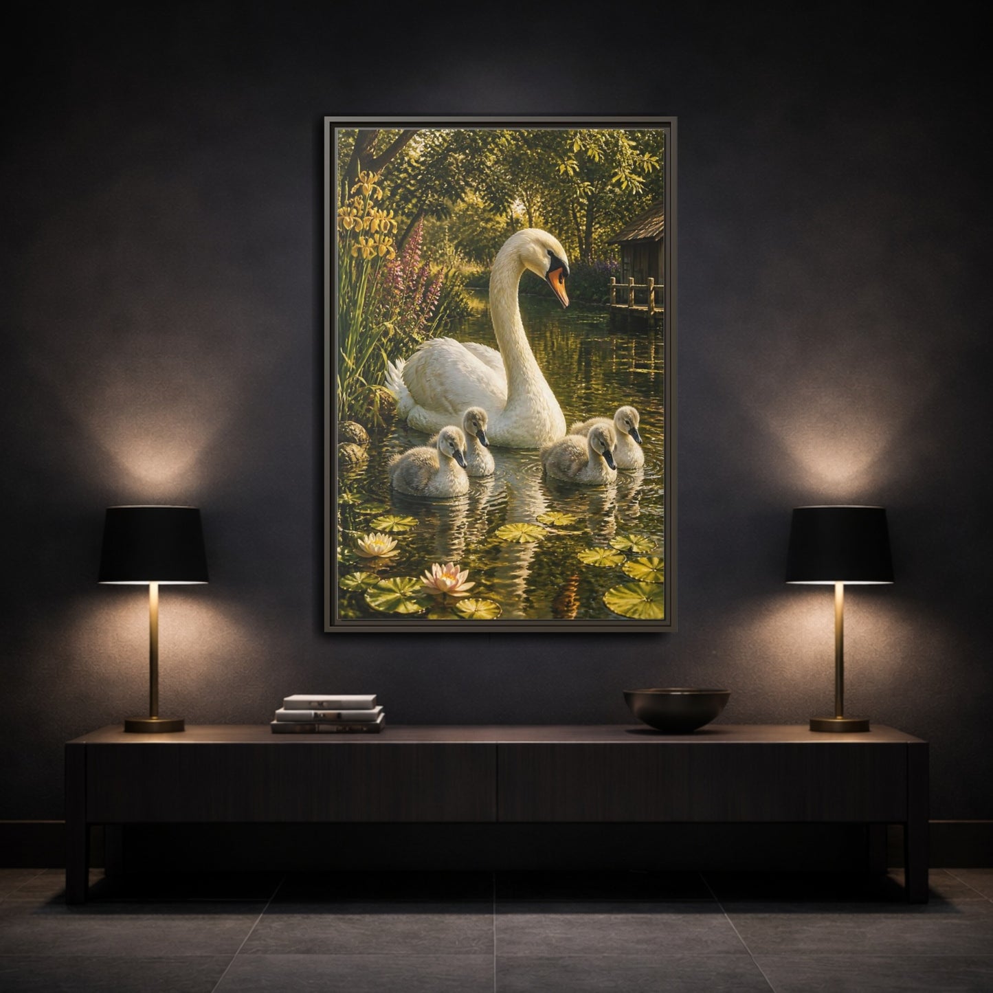 Mockup 3. Swan Family Animals shown as framed canvas print