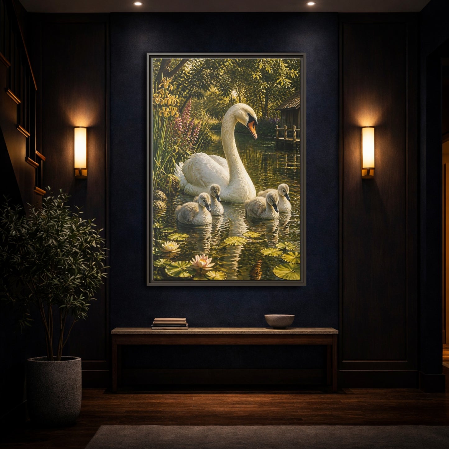 Mockup 4. Swan Family Animals shown as framed canvas print
