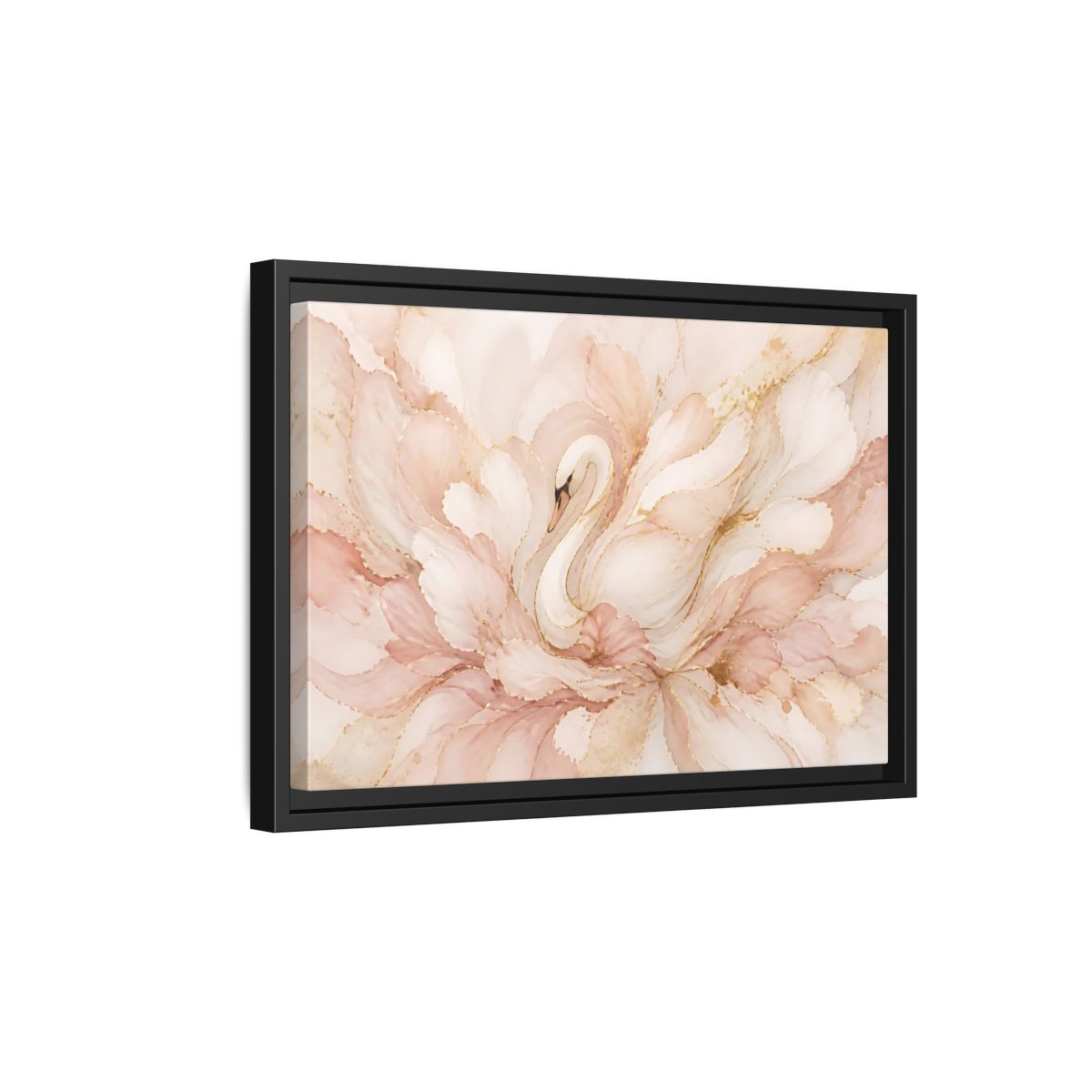 Side Mockup 6. Swan In Blush Blooms shown as framed canvas print