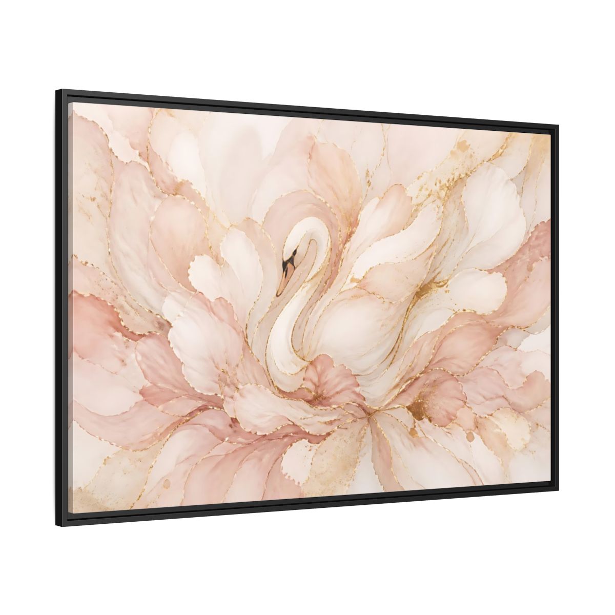 Side Mockup 12. Swan In Blush Blooms shown as framed canvas print