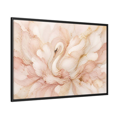 Side Mockup 12. Swan In Blush Blooms shown as framed canvas print