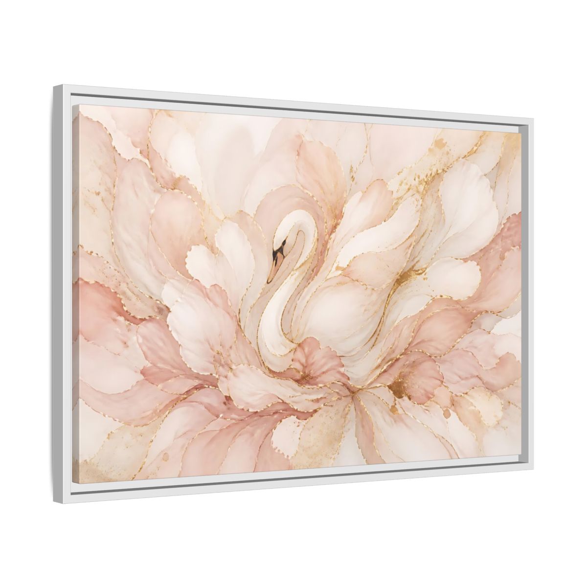 Side Mockup 10. Swan In Blush Blooms shown as framed canvas print