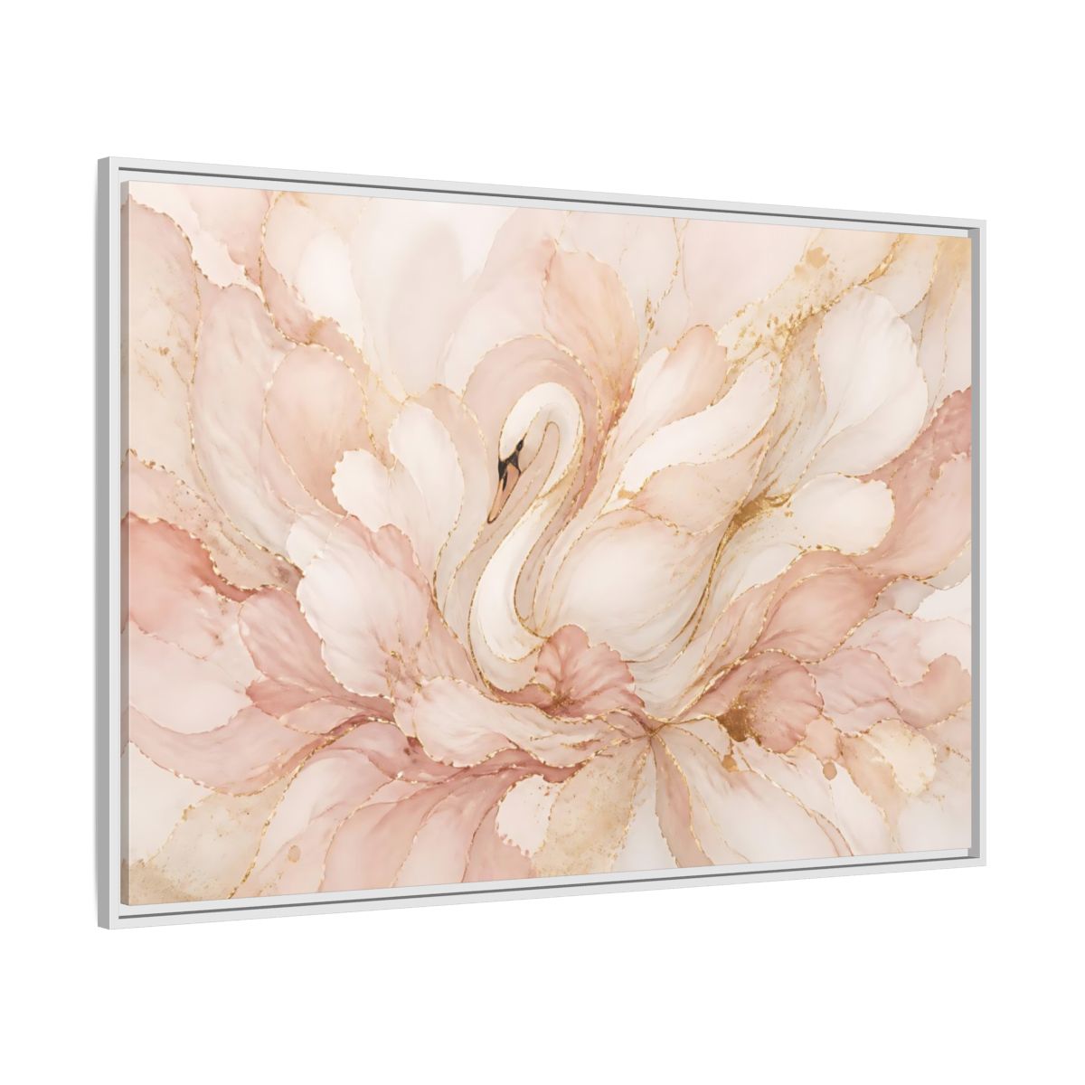 Side Mockup 7. Swan In Blush Blooms shown as framed canvas print