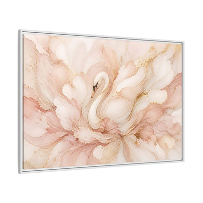 Side Mockup 7. Swan In Blush Blooms shown as framed canvas print