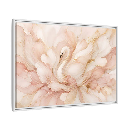 Side Mockup 9. Swan In Blush Blooms shown as framed canvas print