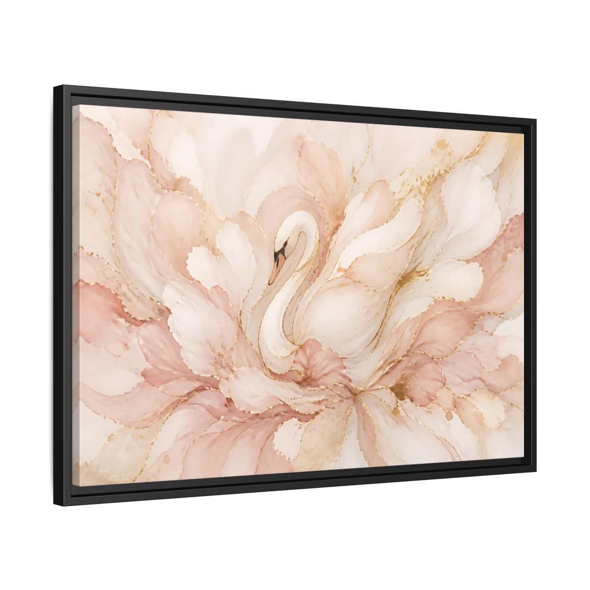 Side Mockup 14. Swan In Blush Blooms shown as framed canvas print